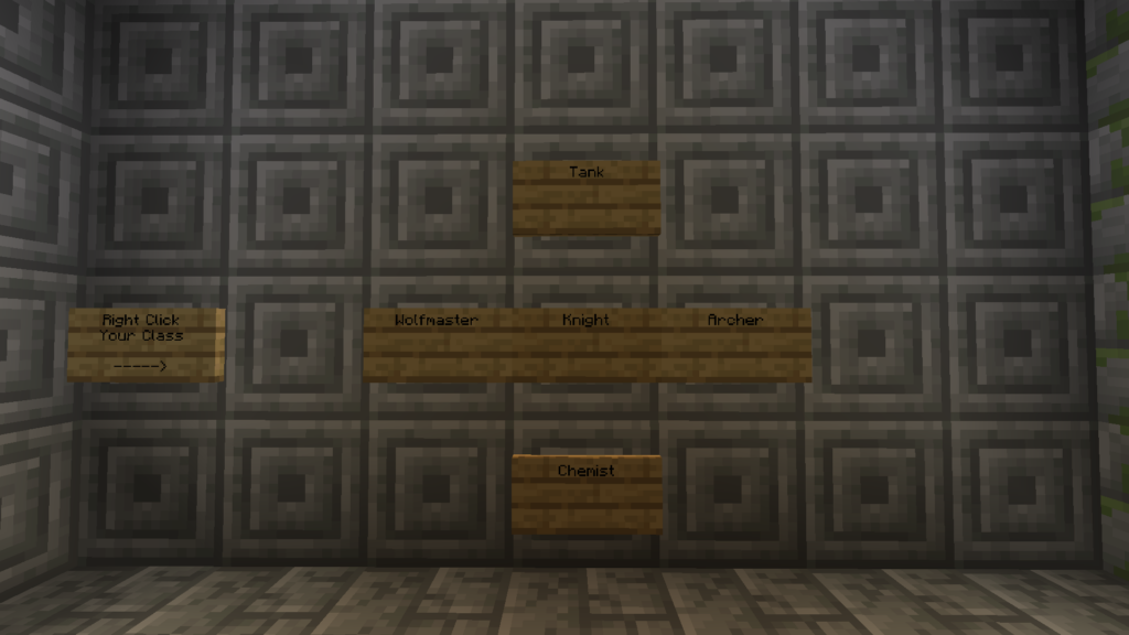 Wall of signs showing the class choices in Mob Arena, a mini-game for Minecraft